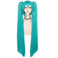 Sintetinis žalias perukas Cosplay Žalias Melsvas perukas Dvigubas kuodas Ilgas žalias perukas su kirpčiukais Tiesus perukas Kawaii perukas Miku perukas žalia