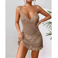 Vasarinė paplūdimio mini suknelė, seksuali, gili, V formos, tuščiavidurė, tinklelio formos megztinė, moteriška, permatoma, laisvalaikio stiliaus, plona suknelė. One Size