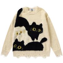 2KWEIRD Juokingi kačių megztiniai Harajuku Dydžio Oversize Hip Hop Megztinis Puloveris Megztas Džemperis Y2K Vintage Streetwear Megztiniai Unisex M smėlis