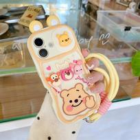 For iPhone 16 15 14 13 12 Pro Max Plus 11 Cute Cartoon Winnie The Pooh Lotso Push-Pull Camera With Wrist Strap Phone Case iPhone 11