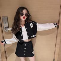 Pavasario ir rudens didelių dydžių mergaičių laisvos mados beisbolo uniformos striukės viršus + sijonas 2 dalių rinkinys 170 juoda