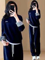 Chic Women's Casual Tracksuit: 2025 Spring/Autumn Two-Piece Set with Sweater 4XL tamsiai mėlyna spalva