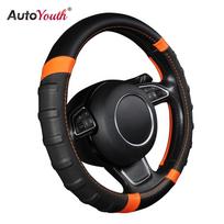 Kvėpuojantis ir neslystantis mikropluošto odos oranžinės spalvos automobilio vairo dangtis 37-38cm/15 inch juoda/oranžinė