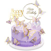 22 vnt. drugelių torto papuošimai su „Happy Birthday“ akriliniais torto viršūnėmis kūdikio krikštynoms, vestuvėms, gimtadienio vakarėliams violetinė