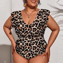 2025 m. moteriškas vientisas maudymosi kostiumas Seksualus vienspalvis su leopardo raštu Ruffles Lapo rankovė vamzdelio tipo viršus Laisvas patogus Didelio dydžio paplūdimio bikini 4XL ruda