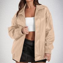 Women's Fashion Leather Jacket, Long-Sleeved, Lapel, Zipper, Side Pockets, Casual Windbreaker Coat L smėlis