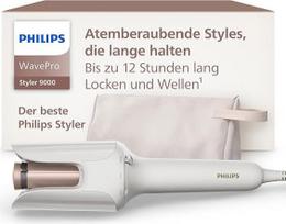 "Philips WavePro Styler 9000" - su "SenseIQ" technologija ir reguliuojama garbanų ir bangų lazdele 360° formavimo technologija ilgam stiliui, šilko baltumo, su kosmetine, modelis BHB968/10