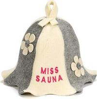 Pirties kepurė "Miss Sauna Flowers" White/Grey - 100 % organinės vilnos veltinio kepurės - apsaugo galvą nuo karščio - pridedamas angliškas pirties elektroninės knygos vadovas - su siuvinėjimu
