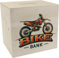Motokroso motociklo taupyklė iš medžio su užrašu "bike Bank"