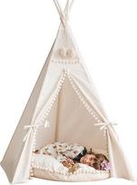 MINICAMP vaikiška palapinė Teepee - labai patvari originali palapinė Teepee, pagaminta iš natūralaus audeklo - žaidimų palapinė su Pom Pom dekoracijomis vaikams