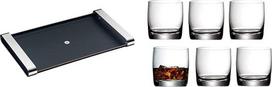 WMF klubo padėklas 54 x 32 cm su rankenėlėmis, dažytas tikru medžiu, nerūdijantis plienas "Cromargan", "Black & Easy Plus", 6 stiklinės džinui, 300 ml stiklinės, viskio stiklinės, galima plauti indaplovėje