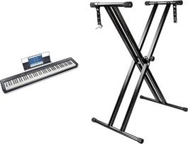 "Casio CDP-S110BK" skaitmeninis pianinas su 88 pasvertais klavišais, juodos spalvos ir "Rockjam" reguliuojamas klaviatūros stovas su dvigubu laikikliu ir fiksavimo dirželiais