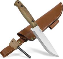 BPSKNIVES Adventurer - Bushcraft peilis - fiksuotas anglies plieno peilis su odiniu dėklu ir ugnies paleidikliu - lauko peilis su pilnu trišakiu kotu - stovyklavimo peilis - išgyvenimo stovyklos peilis
