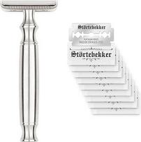 Störtebekker® Premium Safety Razor Men's Rostock | Aukštos kokybės drėgnas skustuvas iš nerūdijančio plieno | 163 g itin sunkus, kad būtų patogiau valdyti | Į komplektą įeina 10 nerūdijančio plieno skustuvo ašmenų | Saugus skustuvas