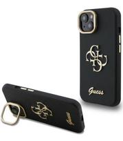 Juodas dėklas Apple iPhone 13 telefonui "Guess PU Grained 4G Logo Stand Camera Frame Case"