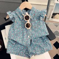 Girls' Flared Sleeve Denim Print Set Fashion Top And Shorts Two-Piece Set 120