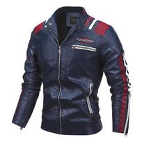 Vyriška pliušinė šilta PU odinė motociklo striukė su pritaikomu logotipu 2XL (recommended weight 150-170 jin) mėlyna