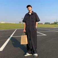 Street Overalls One-piece Men's Trendy Brand Hip-hop Short-sleeved Jumpsuit Suit Wide-leg Pants Straight-leg All-in-one Pants XXL juoda