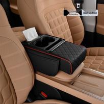 Car Central Armrest Box Pad with Height Adjustment, Tissue Box Storage, and Cup Holder