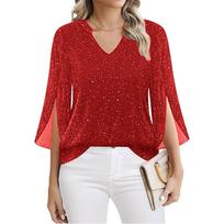 Women's Fashionable Double-Layer Mesh V-Neck Three-Quarter Bell-Sleeve Loose-Fit Top L chaki