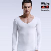 Vyriški šildantys V formos iškirptės ilgomis rankovėmis apatiniai marškiniai rudeniui ir žiemai cotton large V-neck, L balta