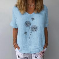 2025 Poppy Print Short-Sleeved Cotton-Linen Casual Top Small šviesiai mėlyna spalva