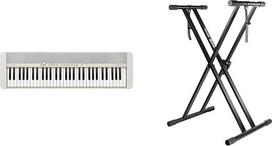 "Casio CT-S1WE Casiotone" fortepijono klaviatūra su 61 greičio klavišu, balta ir "RockJam Xfinity" dvipusis iš anksto sumontuotas klaviatūros stovas su fiksavimo dirželiais