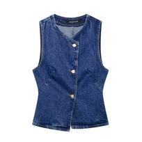 Women's Denim Vest & Wide-Leg Pants Set with Round Neck Small blue