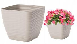 Plastikinis gėlių vazonas su pagrindu šviesiai pilkas 10,7x10 cm kvadratinis