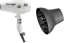 "Parlux Advance Light" keraminis ir joninis "Advance Light" plaukų džiovintuvas baltas + "Parlux Softstyler", skirtas "Parlux Advance Light Advance" plaukų džiovintuvui