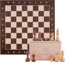 Engelhart - 170496 - Didelis prabangus šachmatų rinkinys su koordinatėmis - rudos spalvos - 50 cm - klevo ir kasijos medienos šachmatų lenta su inkrustacijomis - pasverta, išraižytos figūros - nuo 6 metų