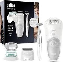 "Braun Silk-épil 5" grožio rinkinys, moteriškas epiliatorius plaukeliams šalinti, skustuvo, trimerio ir masažo priedai kūnui, įskaitant bikinio trimerio maišelį Motinos dienos dovana 5-825 balta/pilka