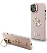 Rožinis dėklas Apple iPhone 15 telefonui "Guess PU Grained 4G Logo Stand Camera Frame Case"
