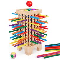 Montessori medinis picos bokšto žaidimas su 42 spalvotais pagaliukais ir kauliuku