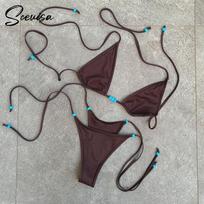 2025 New Sexy Low Waisted Bikini Set Micro Swimsuit Swimwear Women Strappy Solid Halter Thong Bathing Suits Beachwear biquini S