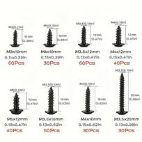 340 vnt. savisriegių sraigtų rinkinys - M3/M4/M3.5/M5 dydžiai, apvalia galvute, kryžminiu lizdu, juodo anglinio plieno, mediniams baldams 340Pcs