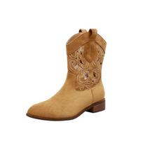 Cowhide version, Spice Girl pointed head hollow embroidery medium tube thick heel western boots women's leather short boots new in autumn and winter 35