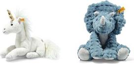 "Steiff Unica Floppy Unicorn White Lying Down" 27 cm ir "Soft Cuddly Friends Dixi Triceratops Petrol" 28 cm, dinozaurų pliušinis žaislas, pagamintas iš minkšto pliušo