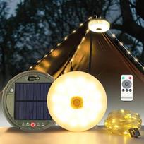 2 vnt. saulės baterijų žibintų, 12 m nešiojamų vandeniui atsparių žibintų su 8 apšvietimo režimais, saulės energija maitinamas ir USB įkraunamas palapinės žibintas su nuotolinio valdymo pulteliu, skirtas stovyklavimui ir žygiams