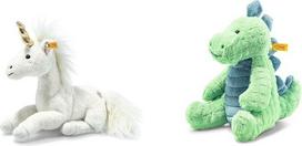 Steiff Unica Floppy Unicorn White Lying 27 cm ir pliušinis žaislas Mockery Stegosaurus Green Petrol 28 cm, pliušinis žaislas dinozauras, minkšti pliušiniai draugai, firminis pliušas su mygtuku ausyje, skirtas kūdikiams nuo gimimo
