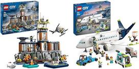 "LEGO City" keleivinio lėktuvo žaislų rinkinys, didelis lėktuvo modelis ir miesto policijos nuovada kalėjimo saloje, policijos žaislas su sraigtasparniu