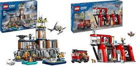 "LEGO City" policijos nuovada kalėjimo saloje, policijos žaislas su sraigtasparniu ir miesto gaisrinė su rotacinėmis kopėčiomis, gaisrininkų žaislas