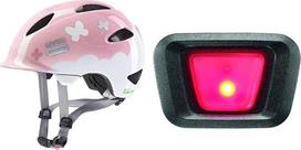 "uvex Oyo Style" - lengvas vaikiškas dviratininko šalmas - išplečiamas su LED žibintu - Butterfly Pink - 45-50 cm ir prijungiamas LED XB048 žibintas bei "Uvex True Models" - nuolatinė arba mirksinti šviesa - juoda/raudona