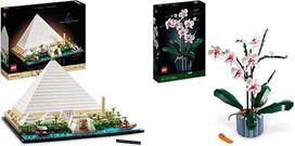 LEGO 21058 Cheopso piramidės architektūros rinkinys suaugusiesiems, skirtas amatams kaip kūrybinis hobis, ir 10311 Ikonų orchidėjų rinkinys suaugusiesiems, skirtas amatų kambario dekoravimui su dirbtiniais augalais