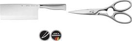 WMF "Grand Gourmet" kiniškas virėjo peilis 31,5 cm, specialaus plieno ašmenys, efektyvus pjovimas, ašmenys 18,5 cm ir "Grand Gourmet" virtuvės žirklės 20 cm, butelių atidarytuvas, varžtų dangtelių atidarytuvas, nerūdijantis "Cromargan" plienas