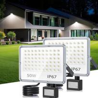 LED prožektorius su judesio jutikliu lauke, 50 W, 2 vnt., 5000 LM LED prožektorius su judesio jutikliu, IP67 vandeniui atsparus lauko prožektorius su PIR, 6500 K vėsiai baltos spalvos prožektorius sandėliui