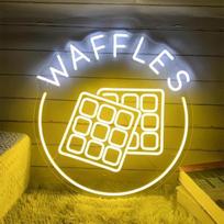 WAFFLES Neon Sign Golden Waffle LED Neon Light USB Dimmable Retro Fast Food Lighting for Kitchen, Restaurant, Cafe Bar, Diner, Bakery Dessert House