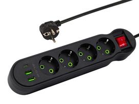 PS-440 maitinimo prailginimo kabelis su 4 lizdais, 2xUSB+USB-C, 5m, juodas, 3x1mm