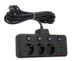 PS-310 skirstytuvas, 3 lizdai + 2xUSB + 2xUSB-C, 3 m juodas, 3x1 mm prailginimo laidas