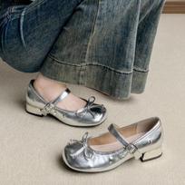 Fashion 2025 New Autumn Women Mary Jane Shoes Fashion Butterfly-knot Dress Shoes Ladies Concise Outdoor Thick Heel Leather Shoes 35 sidabras